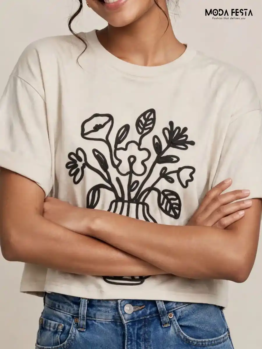 ModaFesta -floral-vase-line-art-crop-t-shirt