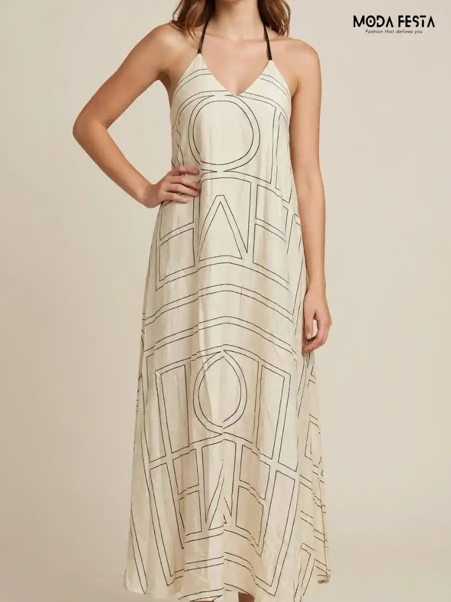 Geometric Print Halter Maxi Dress