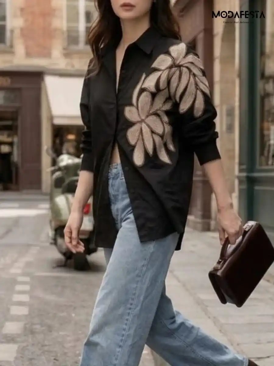 ModaFesta -elegant-floral-print-shirt-work-on-shoulder-black