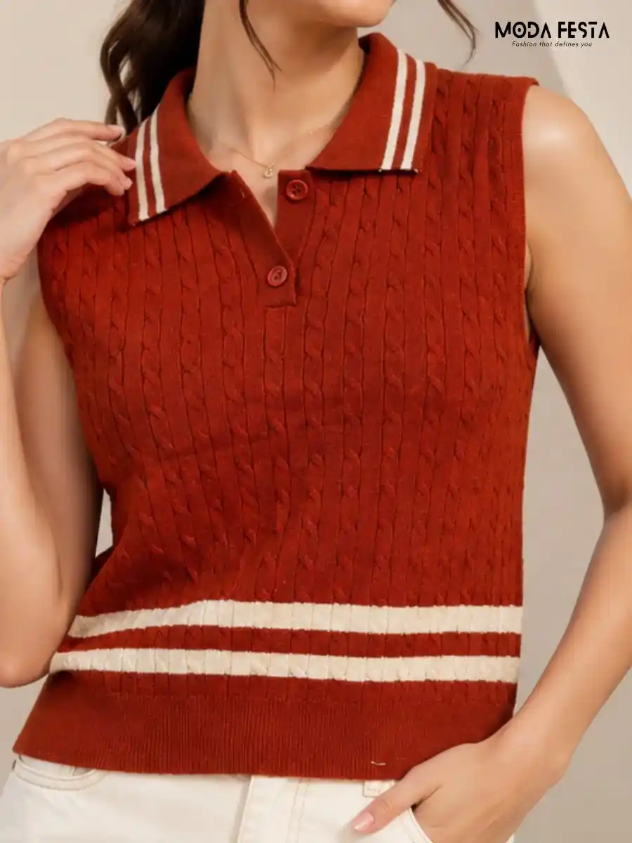 ModaFesta -red-white-striped-cable-knit-sleeveless-polo-top