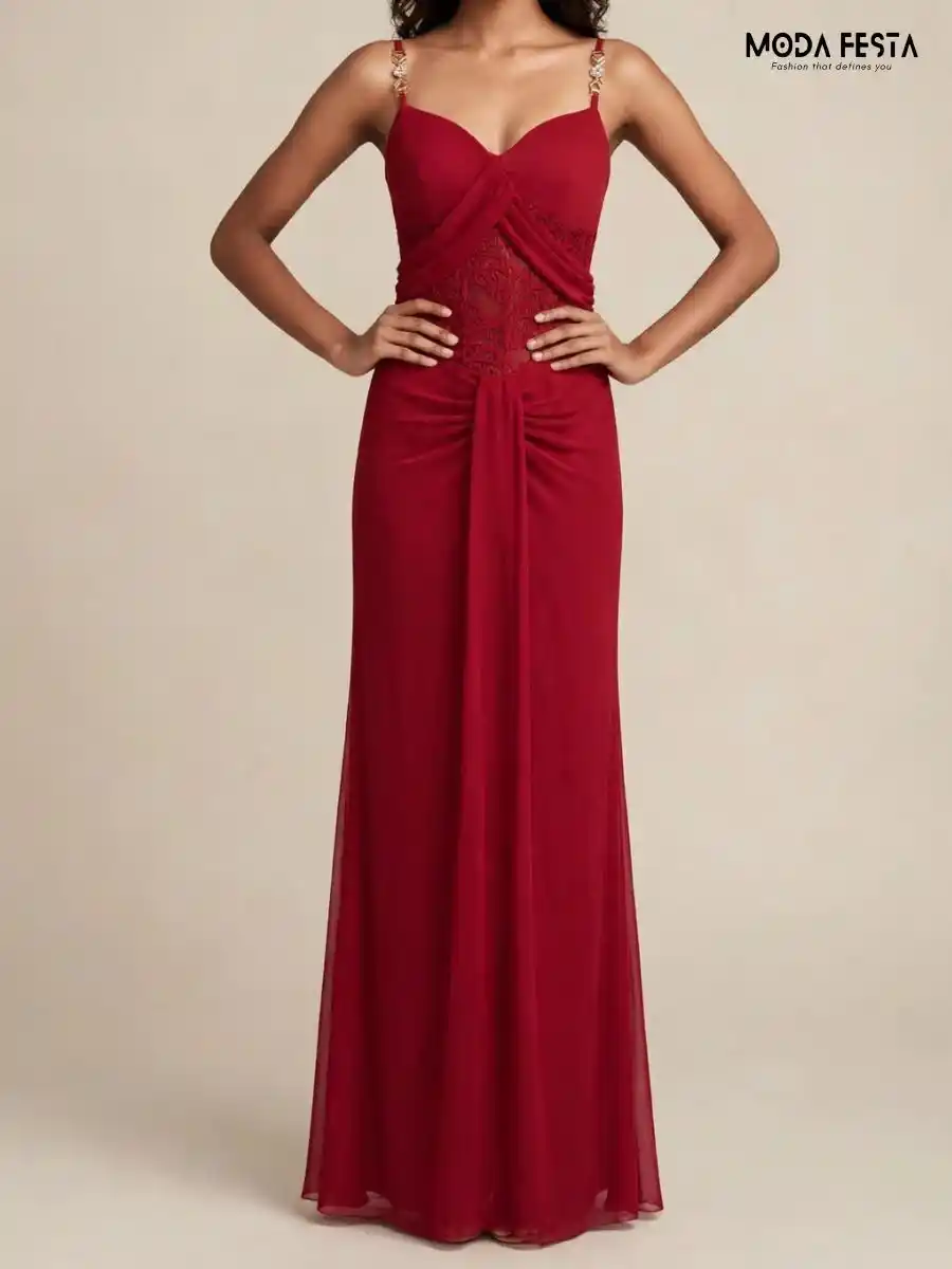 Elegant Red Lace-Embellished Maxi Dress