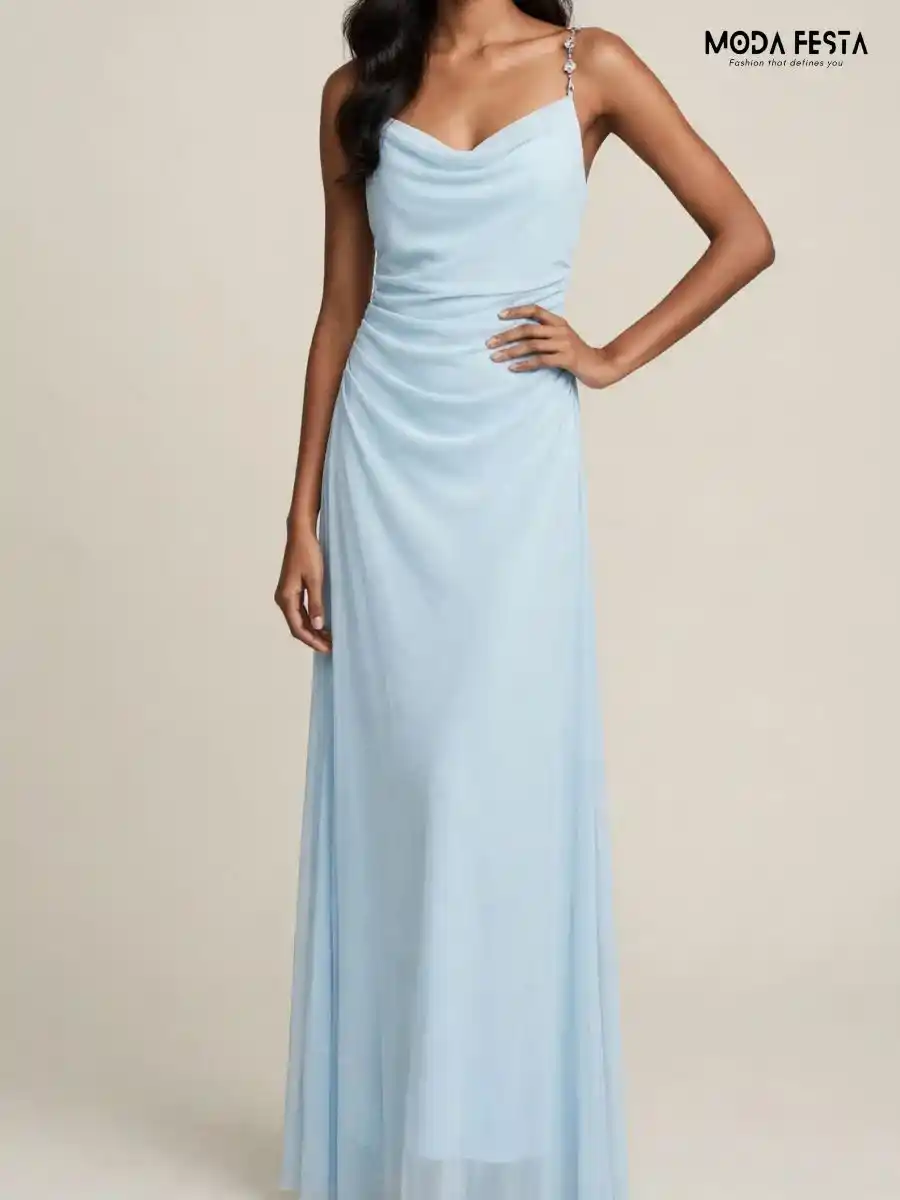 Elegant Light Blue Cowl Neck Maxi Dress