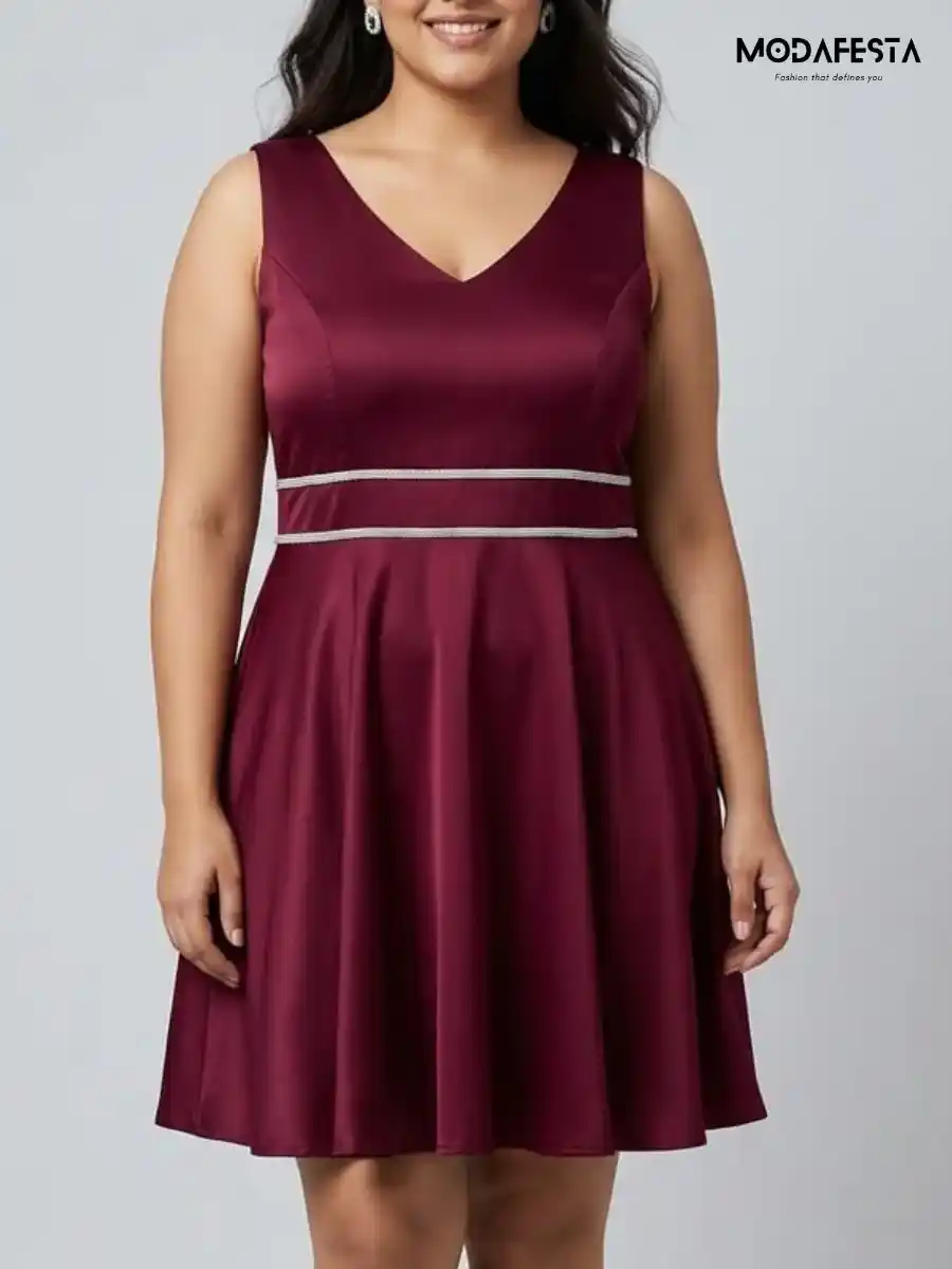 ModaFesta -elegant-embellished-v-neck-fit-and-flair-party-dress-maroon