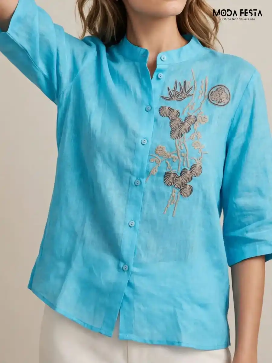 ModaFesta -sky-blue-embroidered-button-down-top