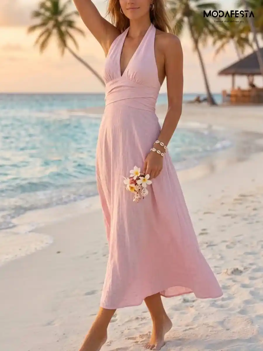 ModaFesta -elegant-cotton-halter-neck-maxi-dress-pink