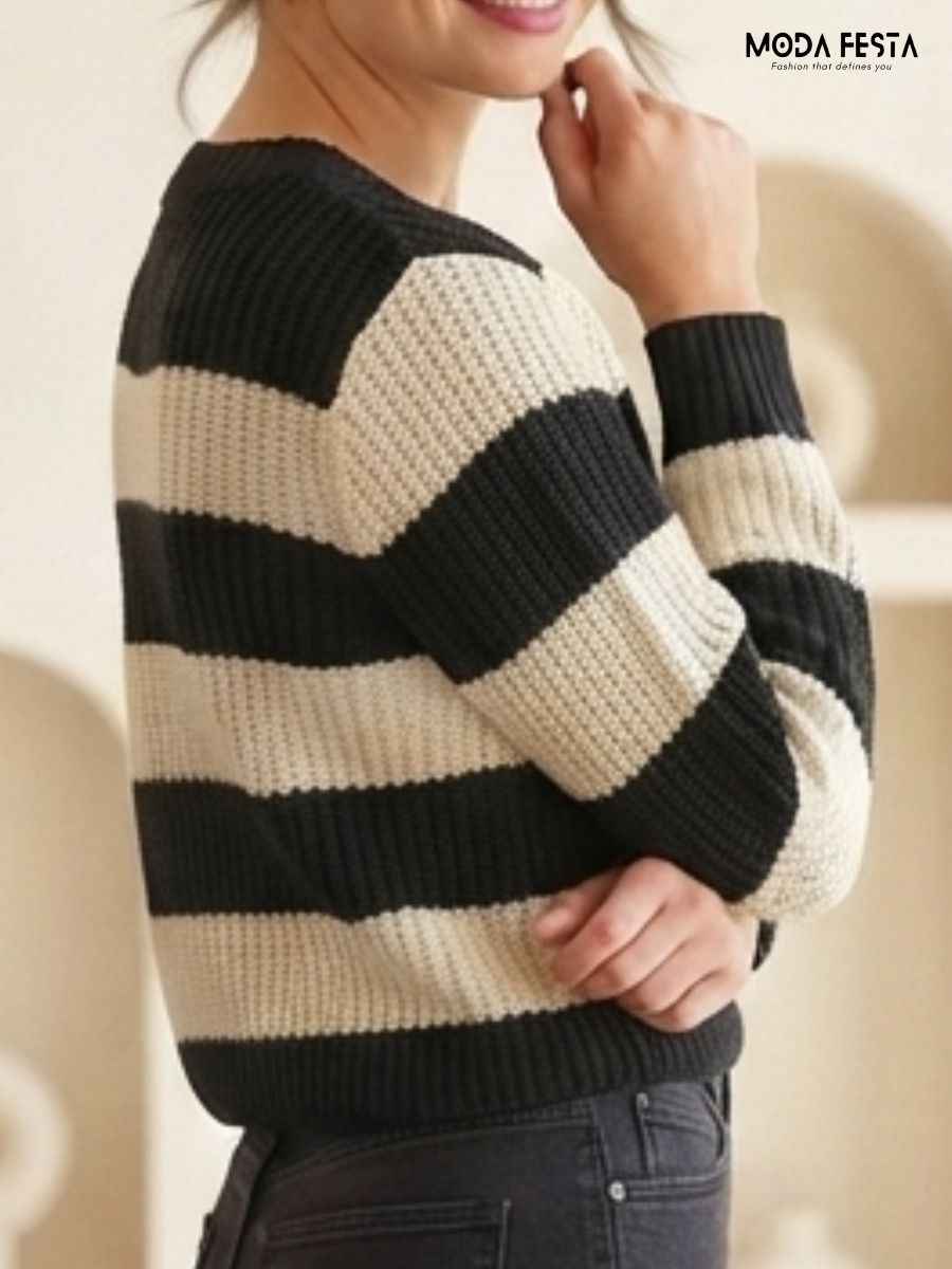 ModaFesta -black-beige-striped-embroidered-knit-top
