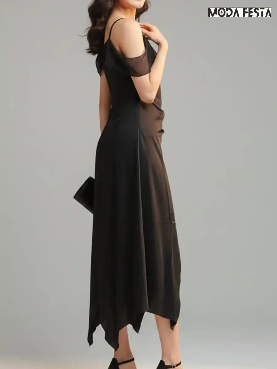 ModaFesta -elegant-satin-dress-with-small-chiffon-sleeve-black