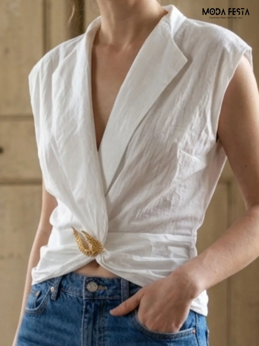 ModaFesta -satin-v-neck-wrap-top-with-bottom-gold-broach