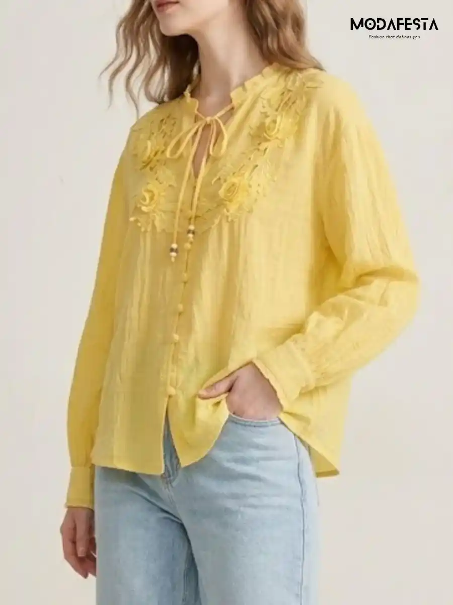 ModaFesta -elegant-v-neck-floral-top-1-yellow