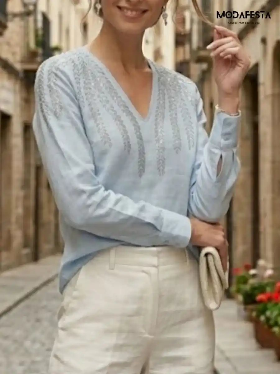 ModaFesta -elegant-embellished-v-neck-top-sky-blue