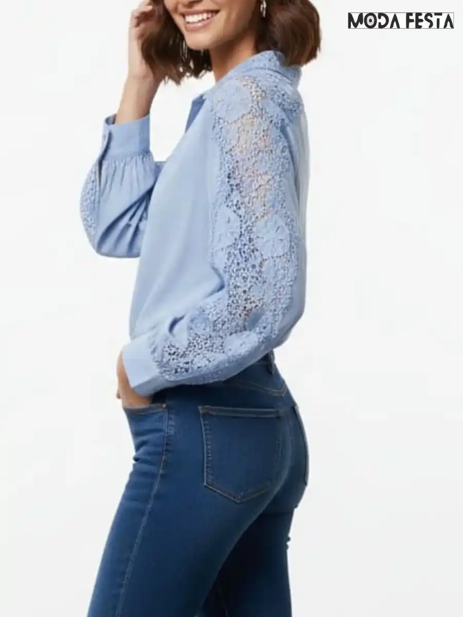 ModaFesta -elegant-sleeve-cutwork-cotton-shirt-sky-blue