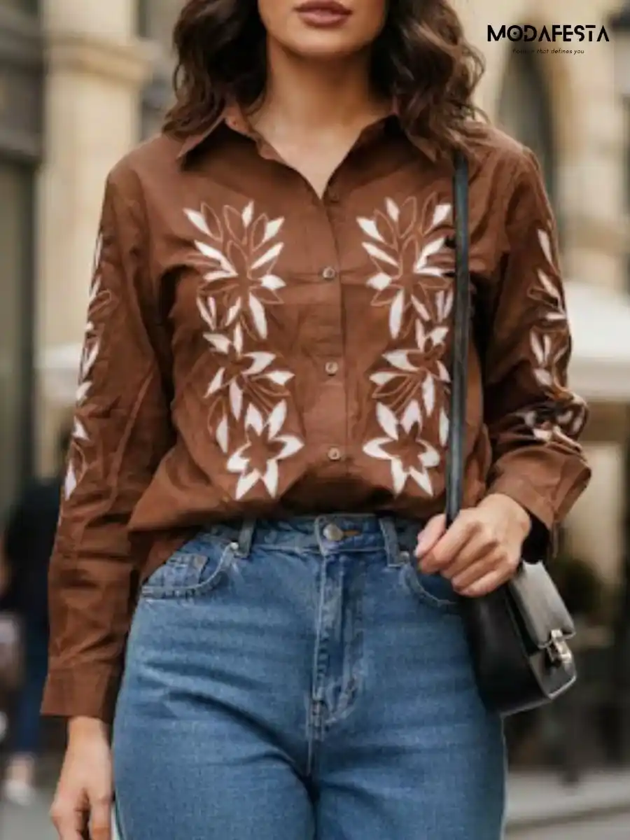 ModaFesta -elegant-cotton-floral-embroidered-shirt-brown