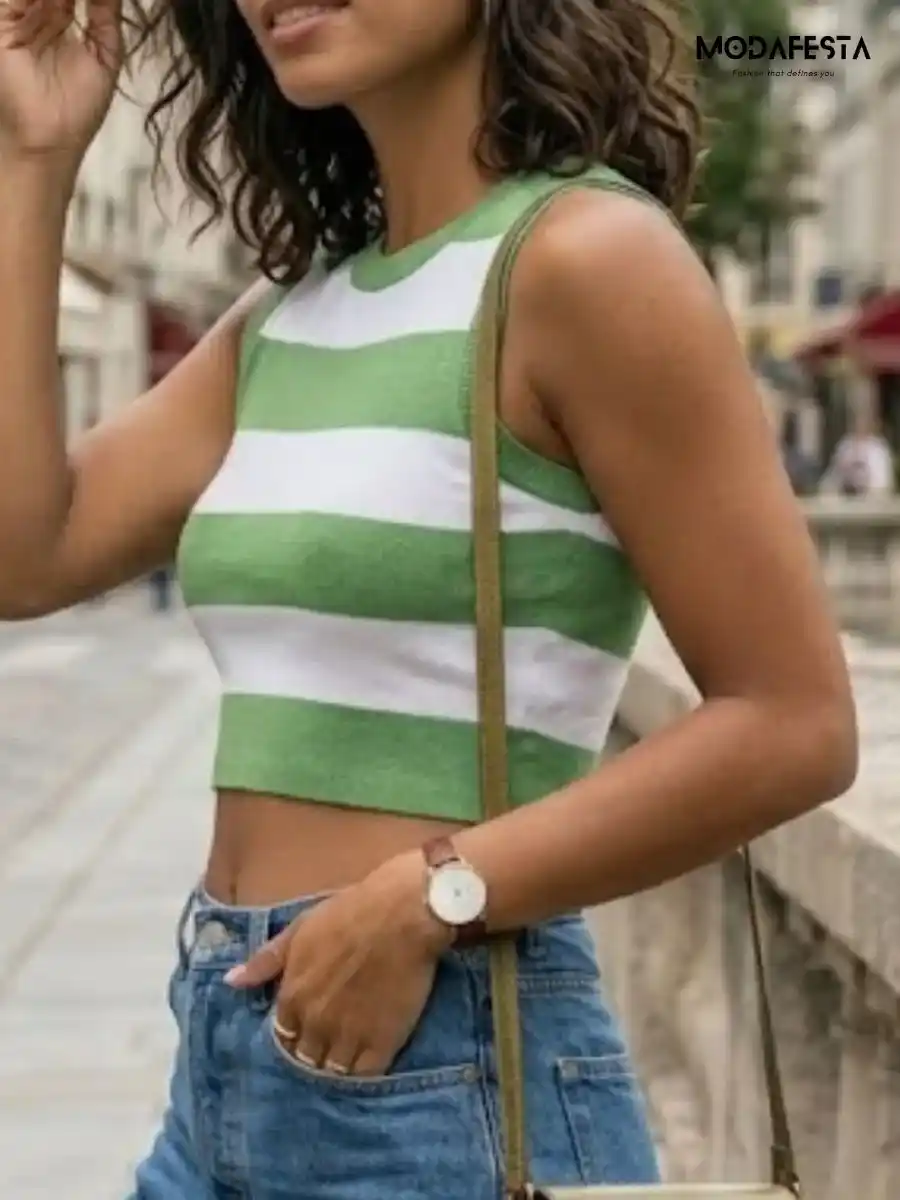ModaFesta -stripe-printed-ribbed-tank-top-green