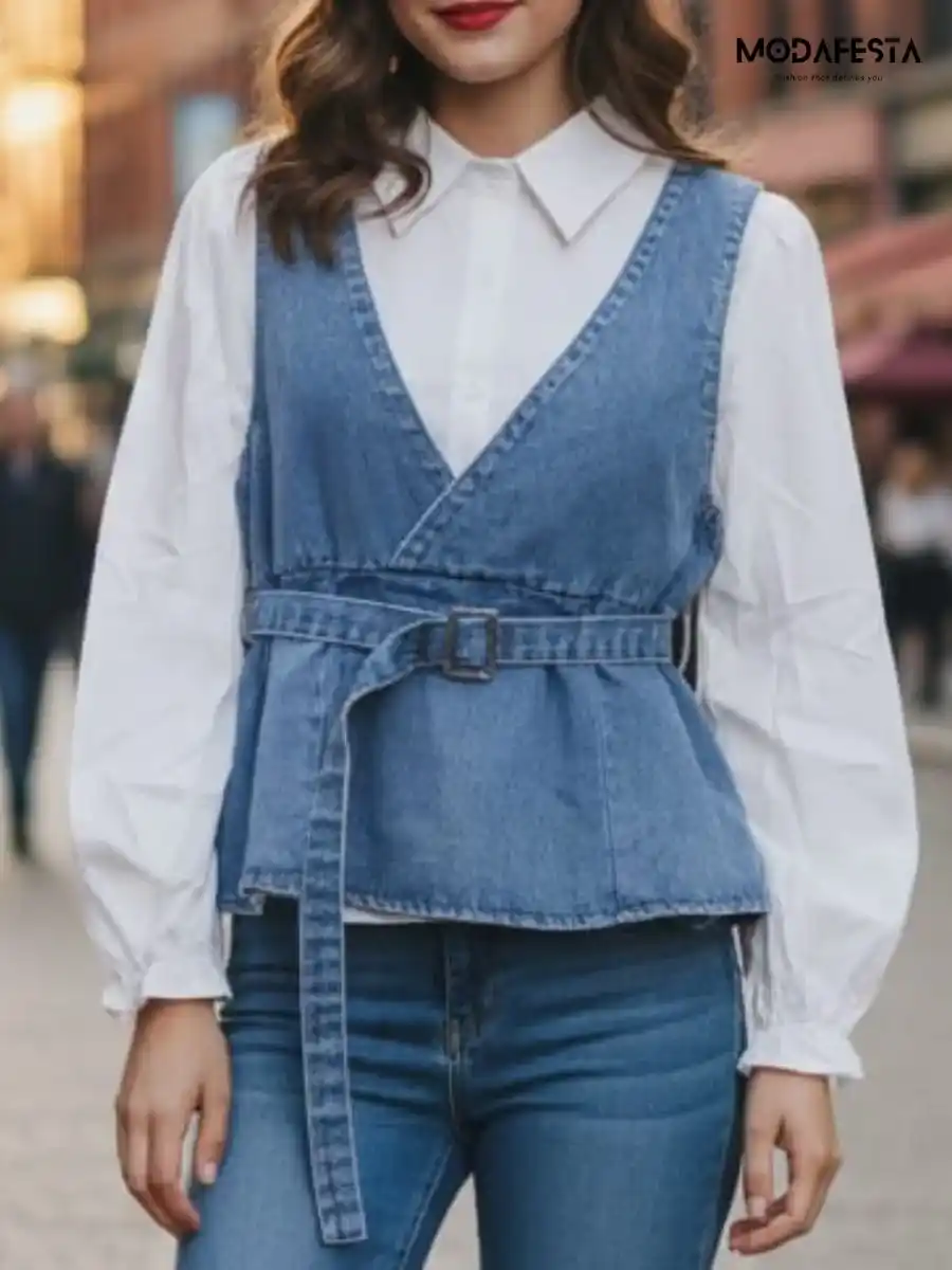 ModaFesta -elegant-two-pis-denim-to-with-belt-styling-blue