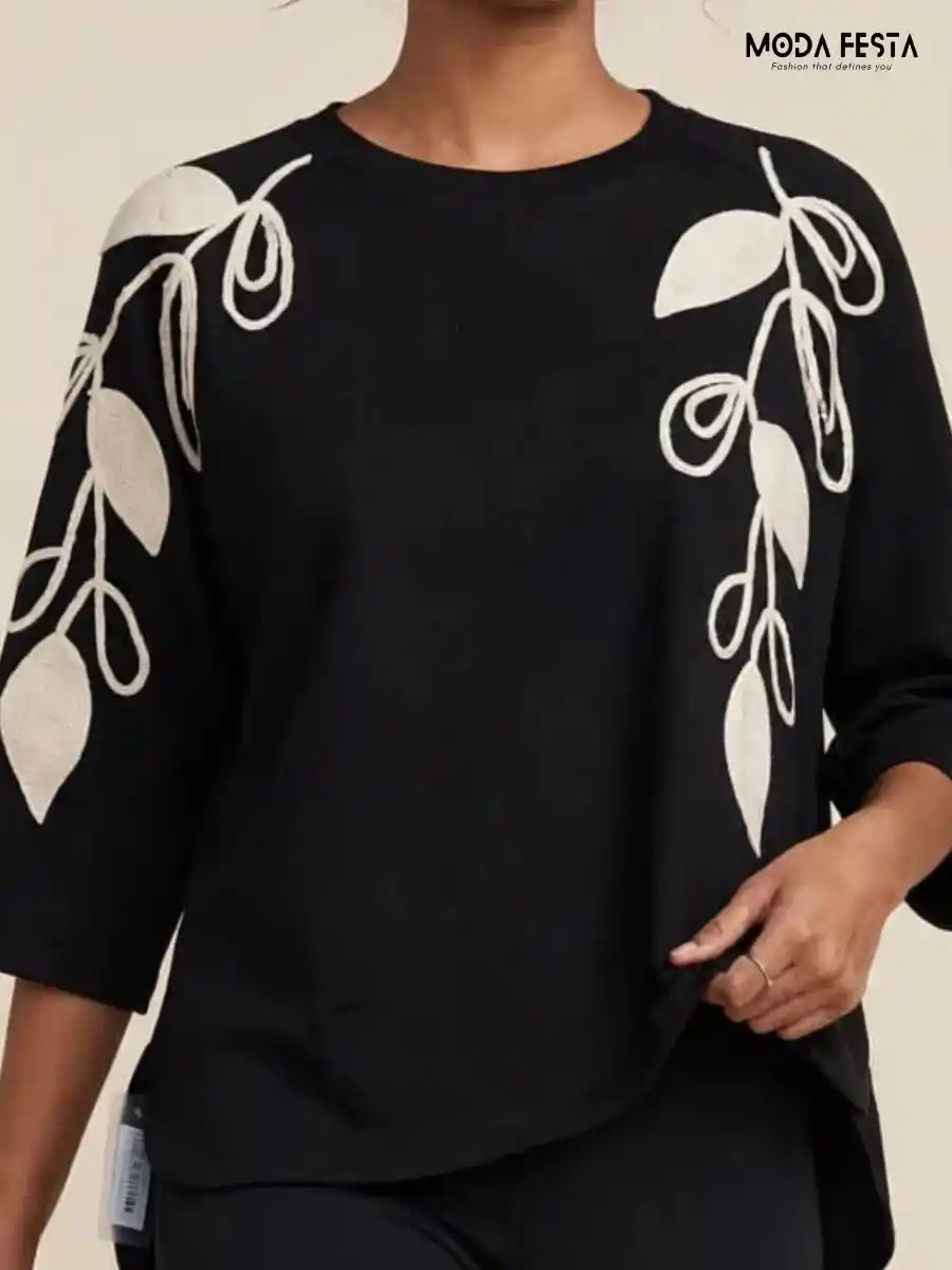 ModaFesta -black-embroidered-leaf-detail-casual-top