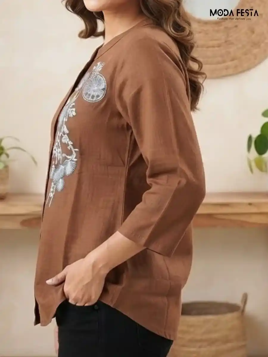 ModaFesta -brown-mandarin-collar-embroidered-button-down-shirt