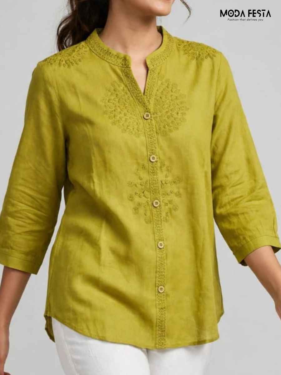 ModaFesta -olive-green-embroidered-mandarin-collar-button-down-top