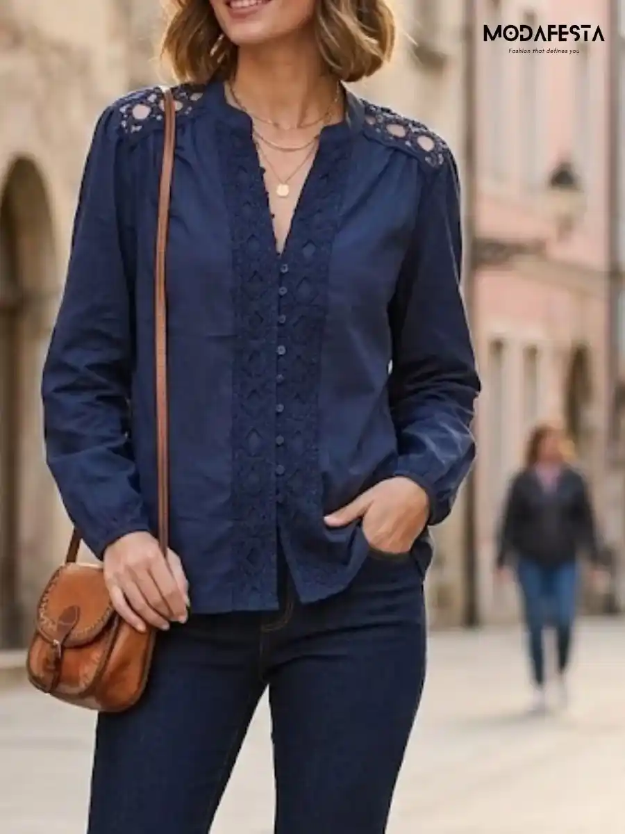ModaFesta -elegant-cut-work-embroidered-lace-shirt-navy-blue