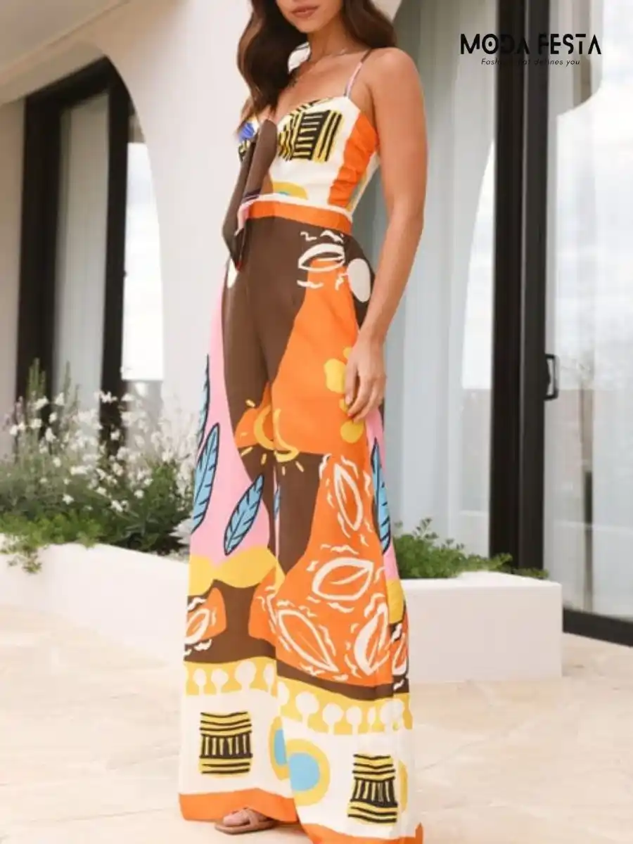 ModaFesta -vibrant-print-tie-up-jumpsuit-brown
