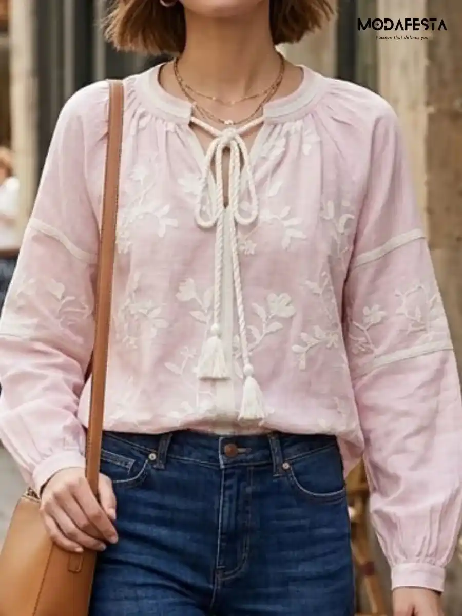 ModaFesta -elegant-floral-embroidered-v-neck-top-pink