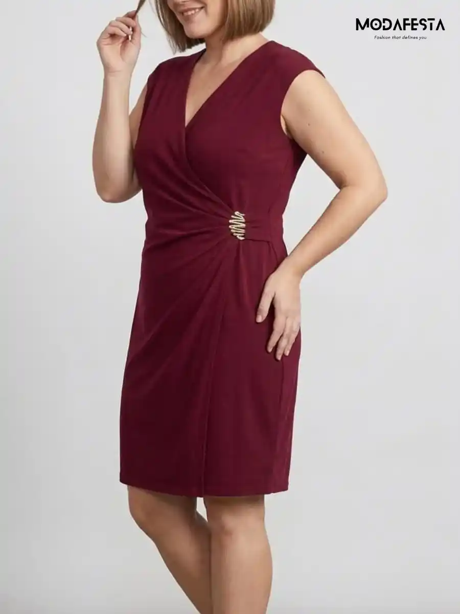 ModaFesta -elegant-sleeveless-wrap-front-ruched-dress-maroon