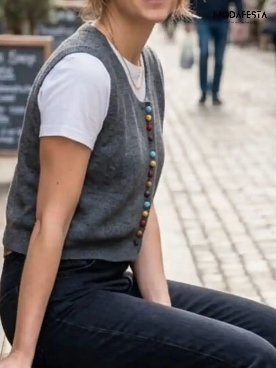 ModaFesta -elegant-colour-button-front-knit-vest-top-grey