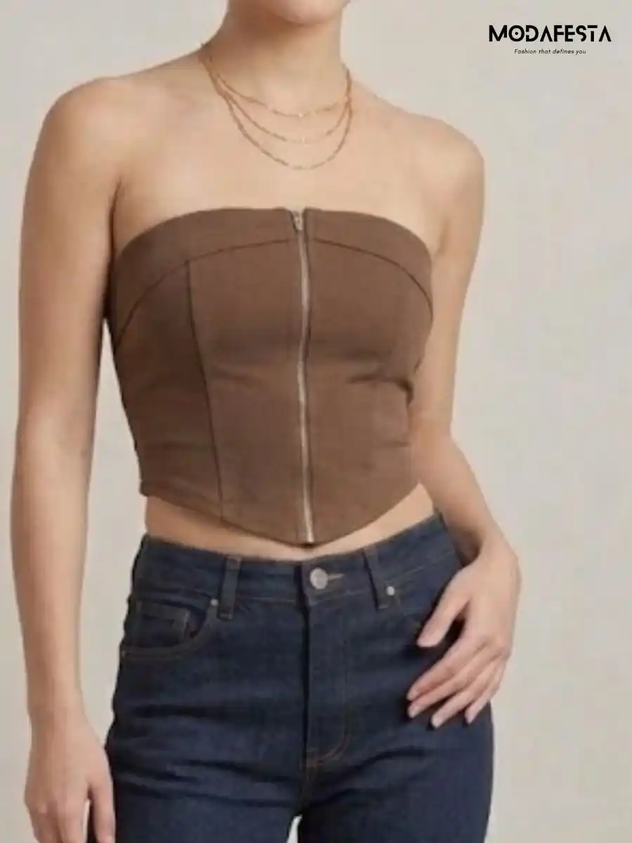 ModaFesta -elegant-zipper-crop-tube-brown