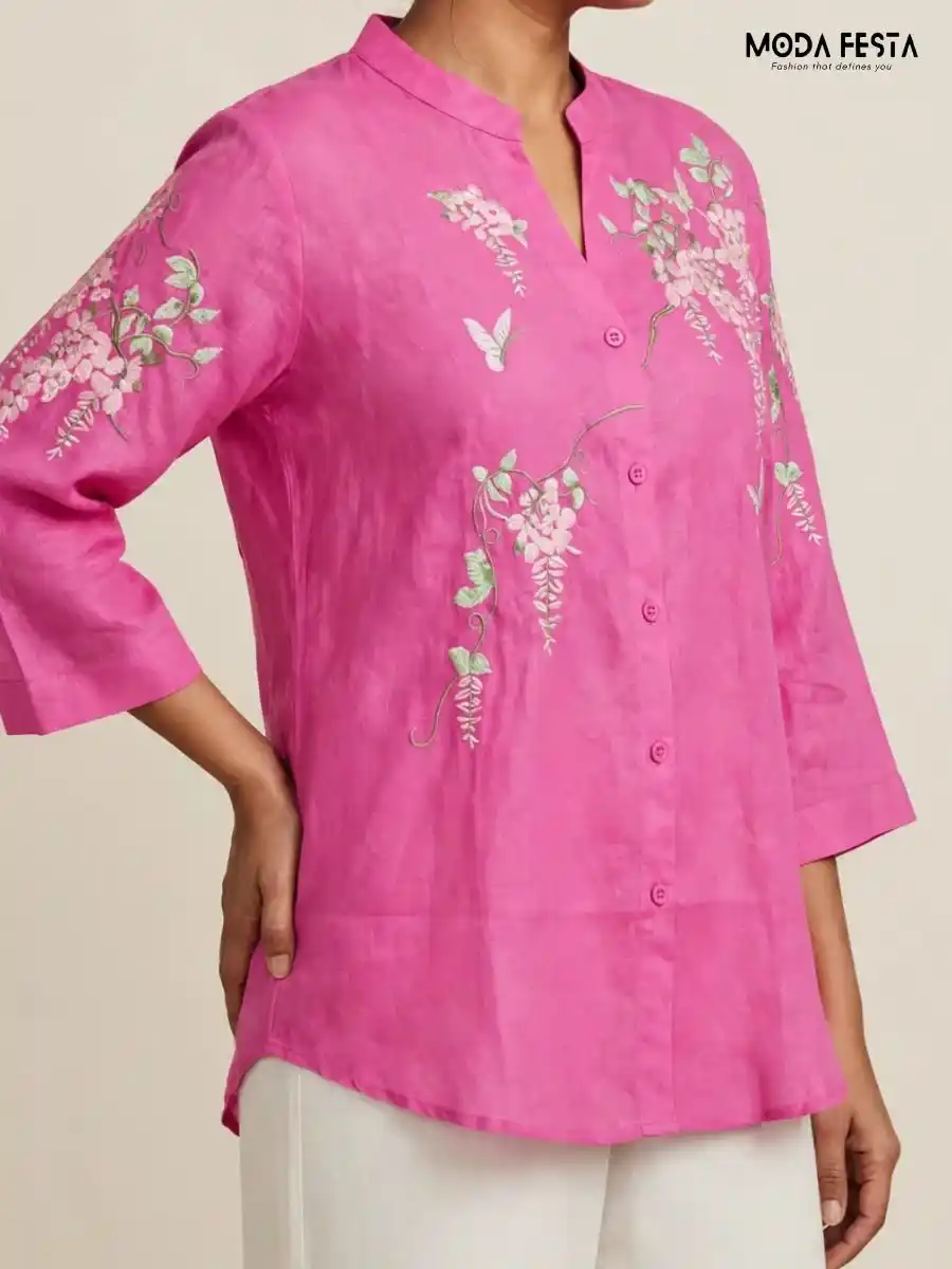 ModaFesta -pink-floral-and-butterfly-embroidered-casual-shirt