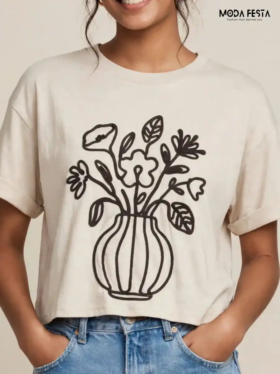 ModaFesta -floral-vase-line-art-crop-t-shirt