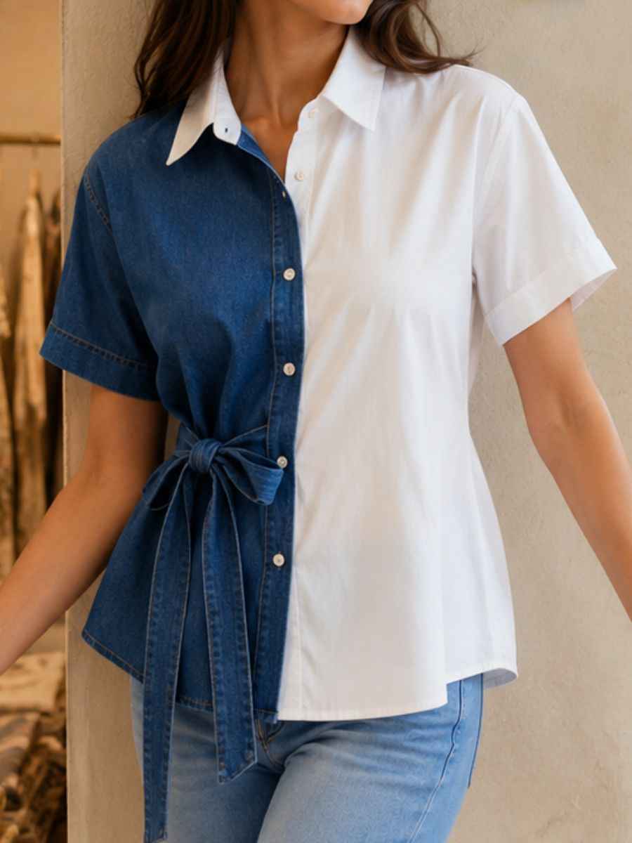 ModaFesta -dual-tone-denim-cotton-tie-waist-shirt