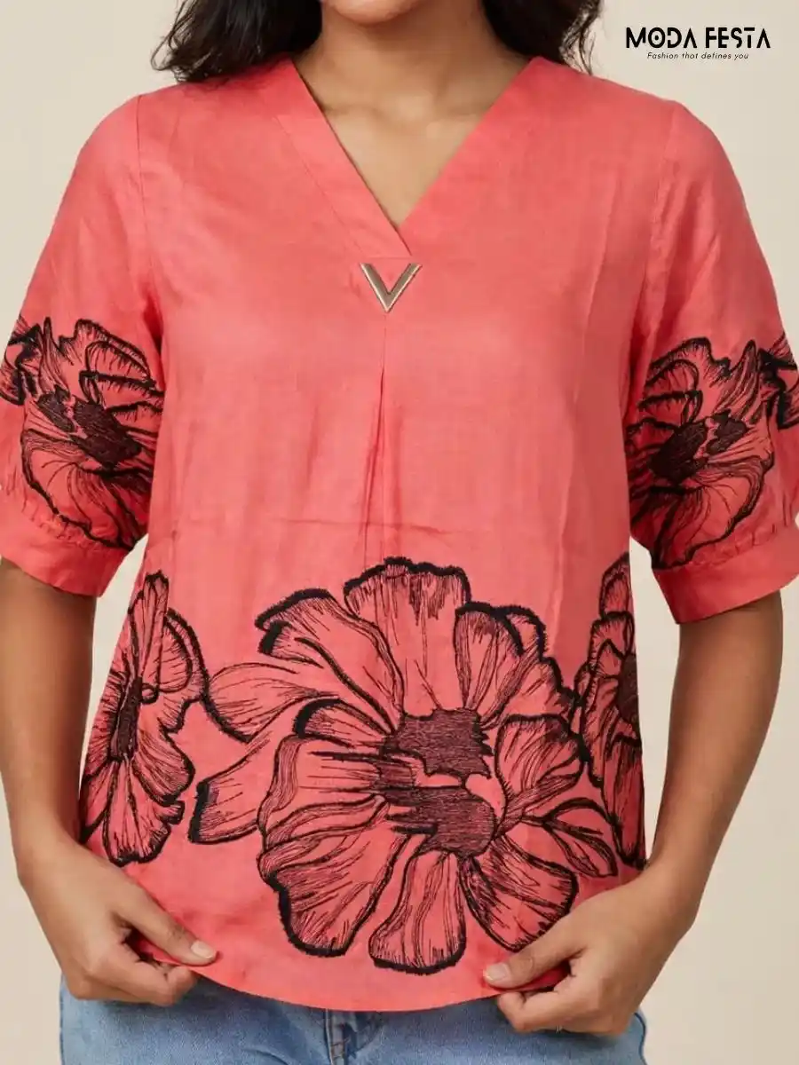Coral Oversized Floral Print Top