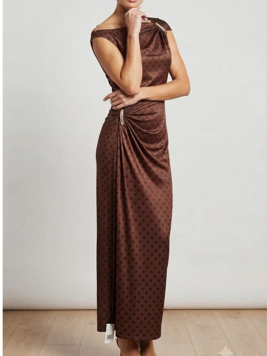 ModaFesta -sleeveless-polka-dot-ankle-length-bodycon-dress-brown