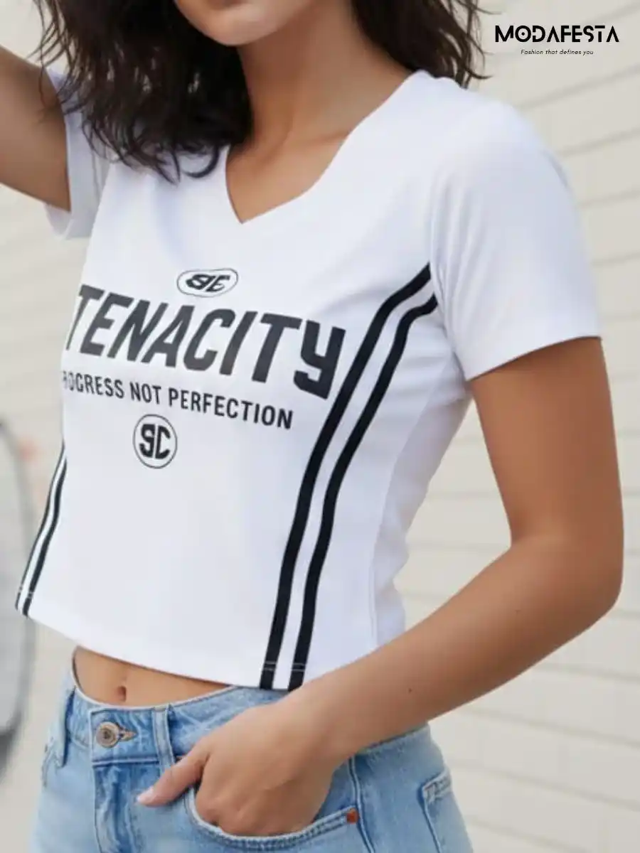 ModaFesta -elegant-v-neck-lettering-crop-t-shirt-white