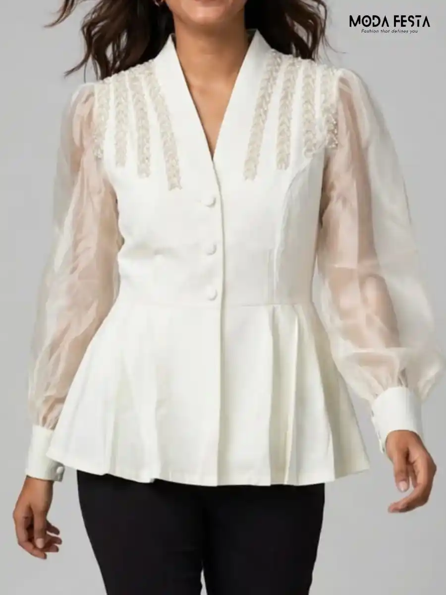ModaFesta -white-beaded-mandarin-v-neck-organza-sleeve-peplum-top