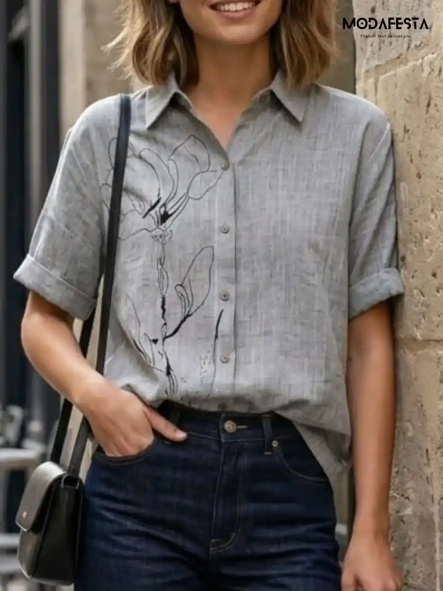 ModaFesta -classy-graphic-floral-long-linen-shirt-gery