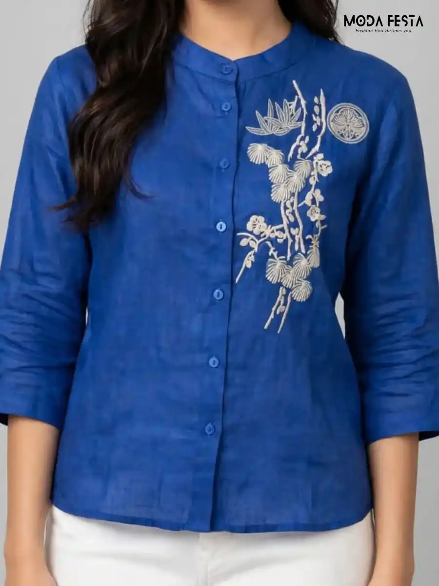 Royal Blue Embroidered Button-Down Top