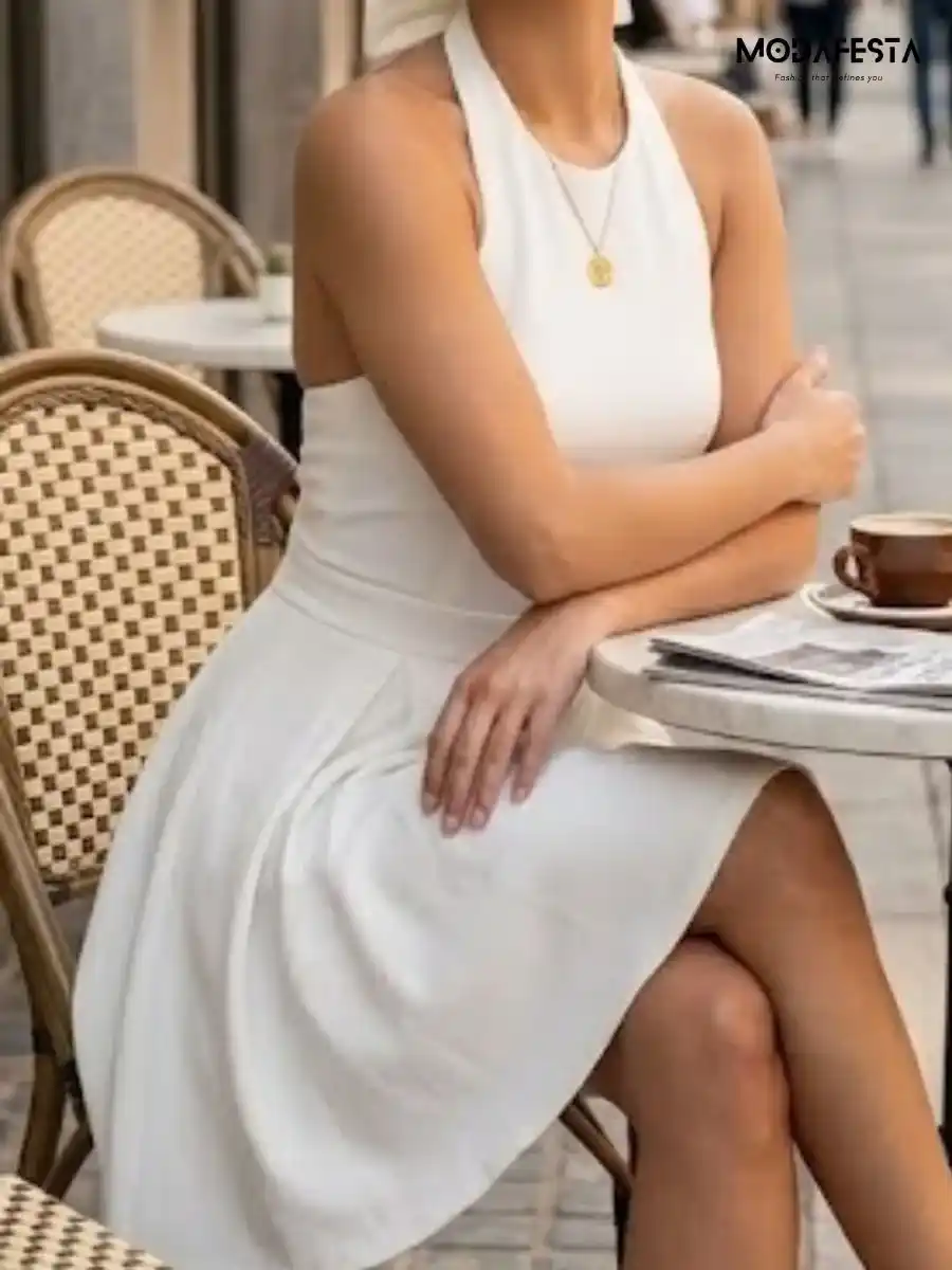 ModaFesta -elegant-halter-neck-flair-dress-with-back-bow-white