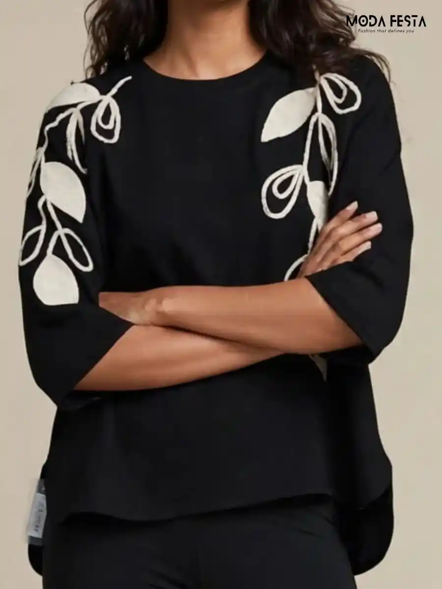 ModaFesta -black-embroidered-leaf-detail-casual-top