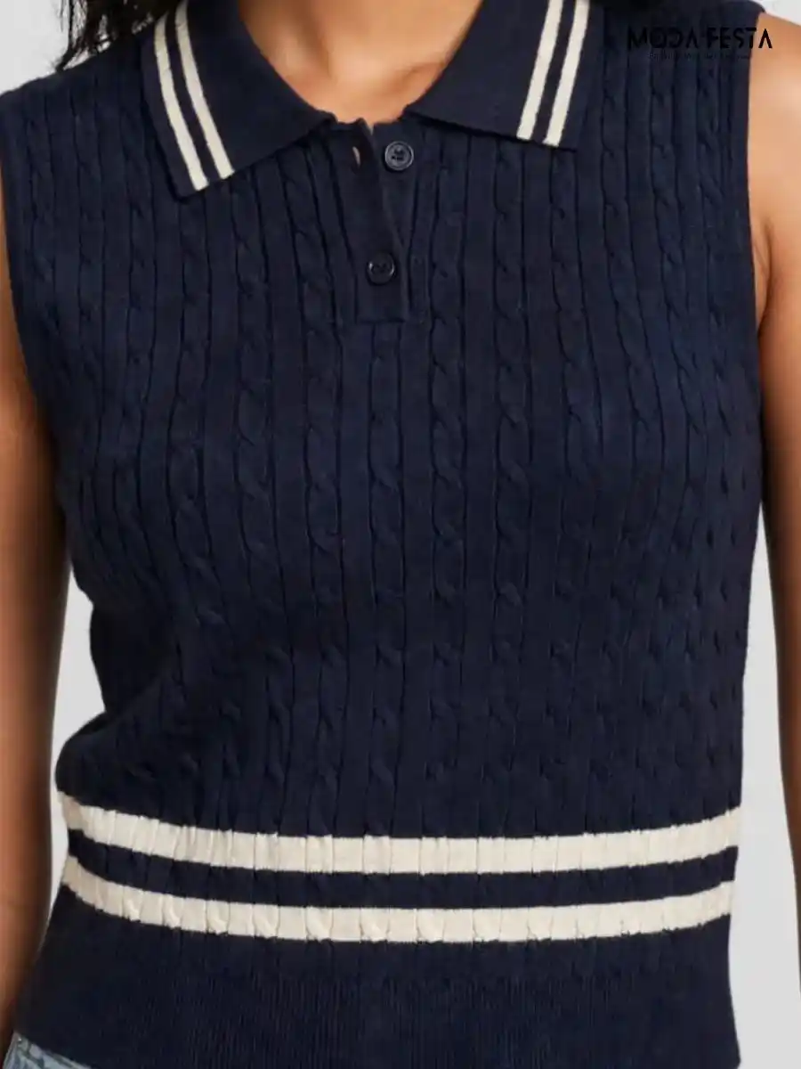 ModaFesta -navy-blue-striped-cable-knit-polo-top