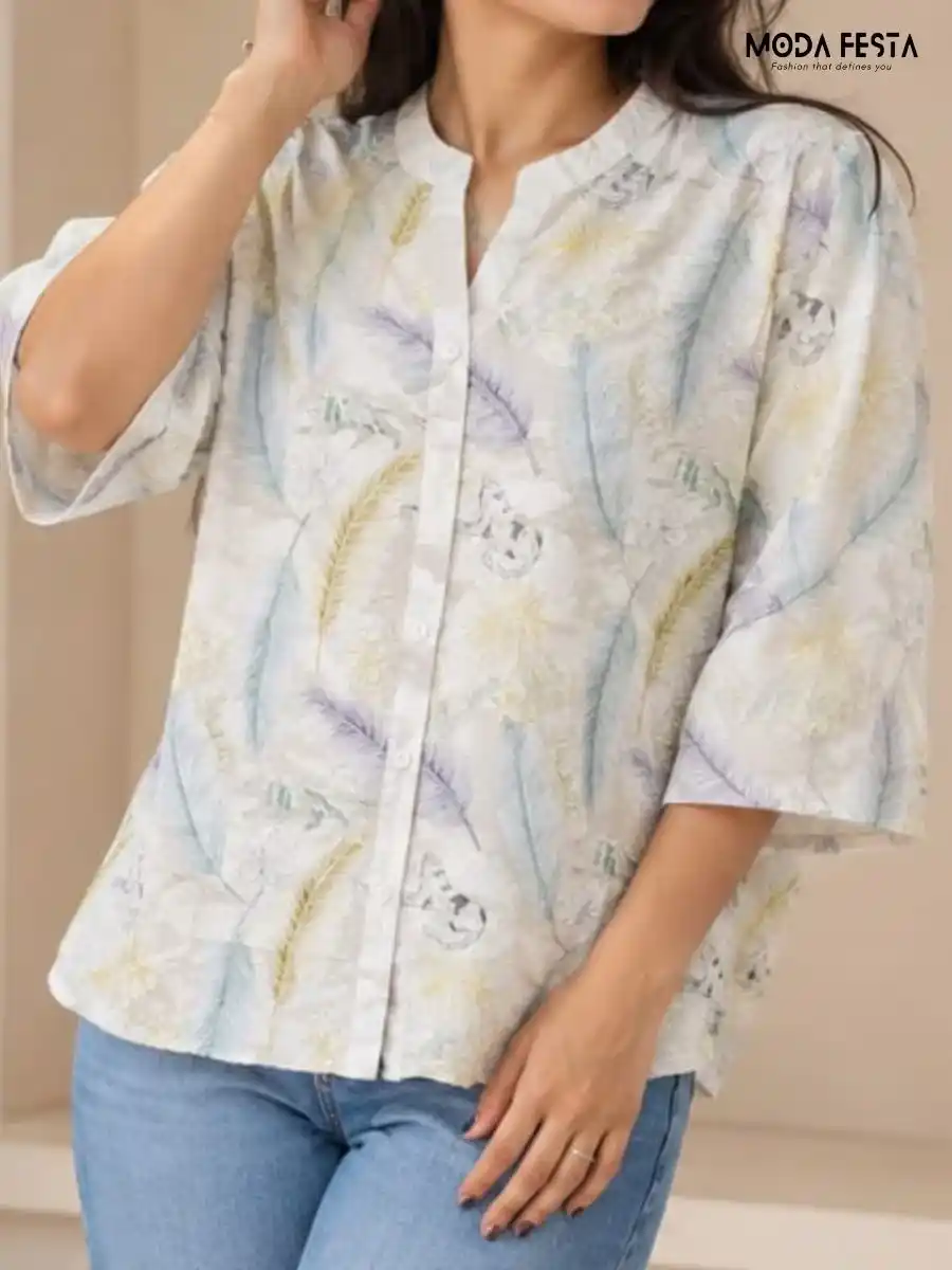 ModaFesta -feather-print-mandarin-collar-top