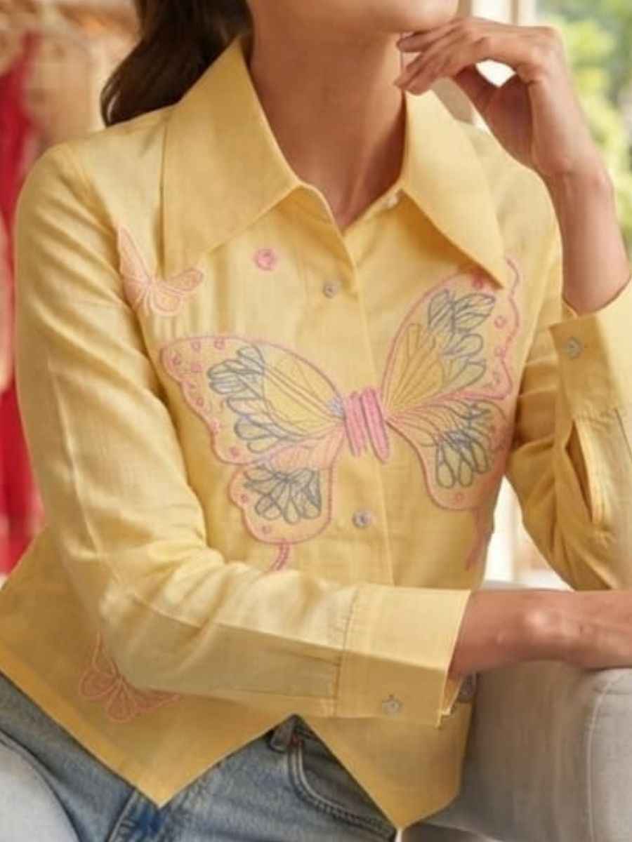 ModaFesta -pastel-yellow-butterfly-embroidered-shirt