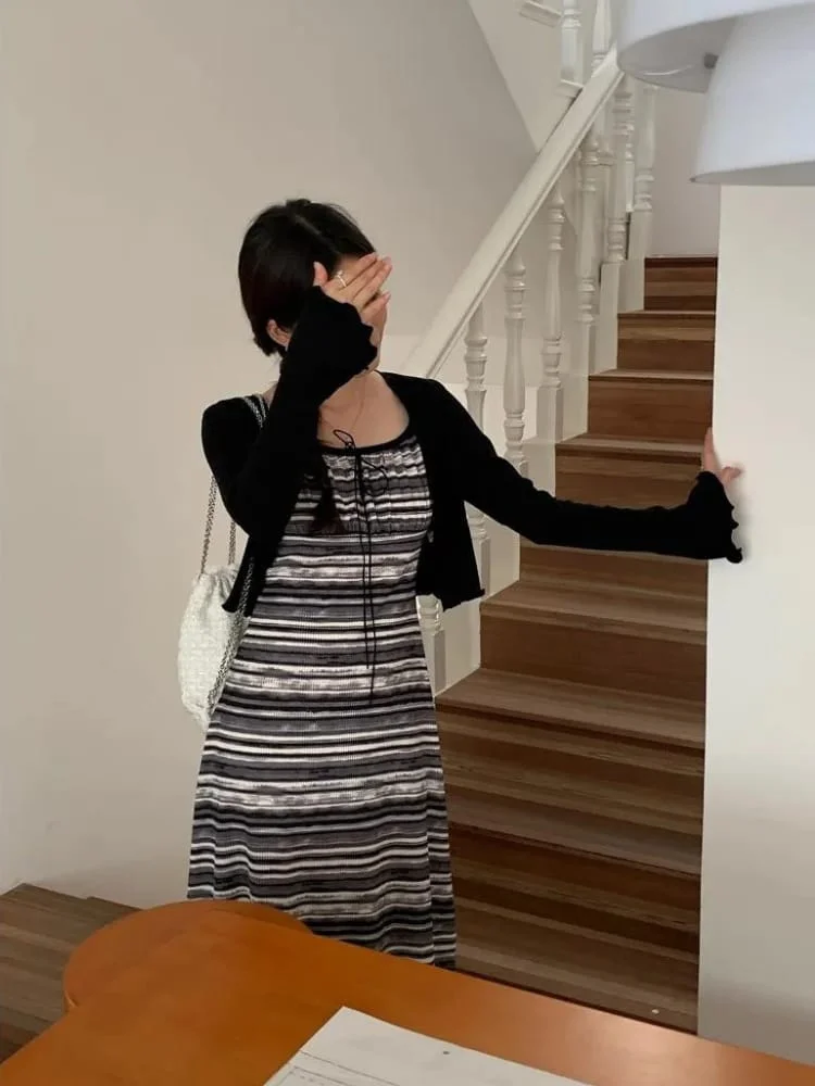 ModaFesta -striped-dress-with-shrug-black