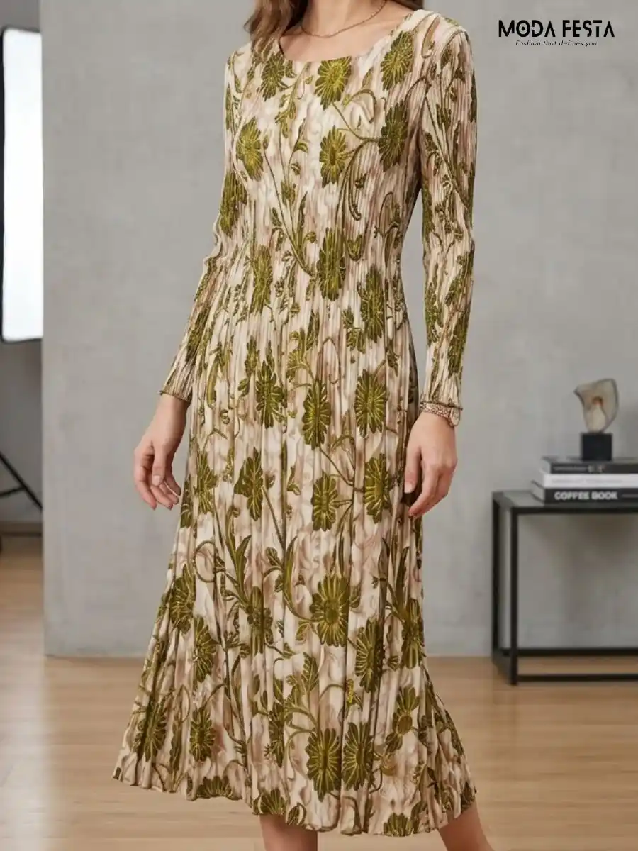 ModaFesta -green-floral-print-pleated-midi-dress