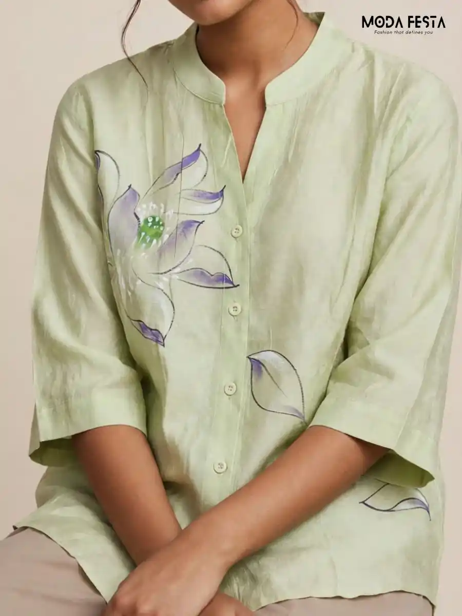 ModaFesta -sage-green-hand-painted-floral-casual-shirt