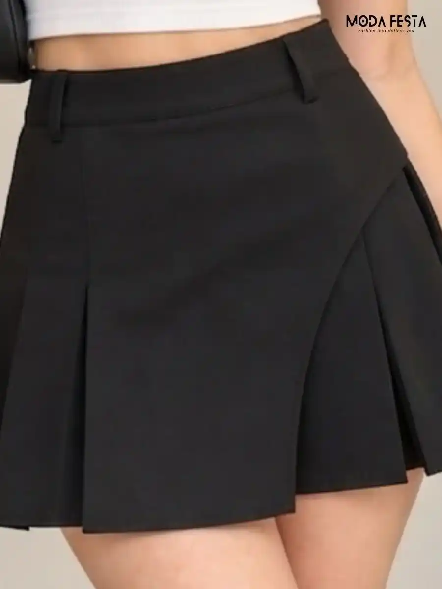 ModaFesta -solid-high-waist-pleated-asymmetrical-skort