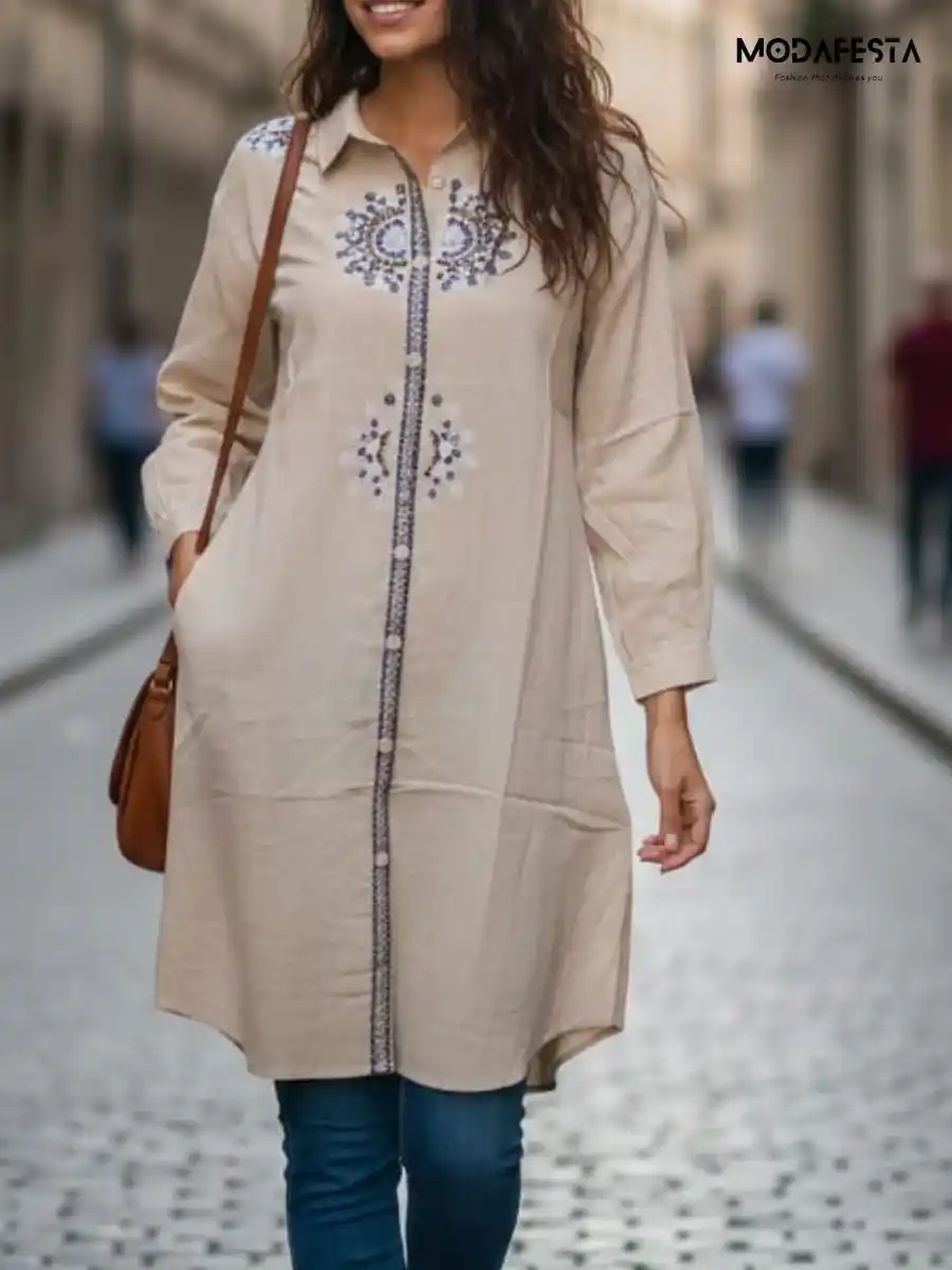 ModaFesta -elegant-floral-embroidered-tunic-shirt-dress-beige