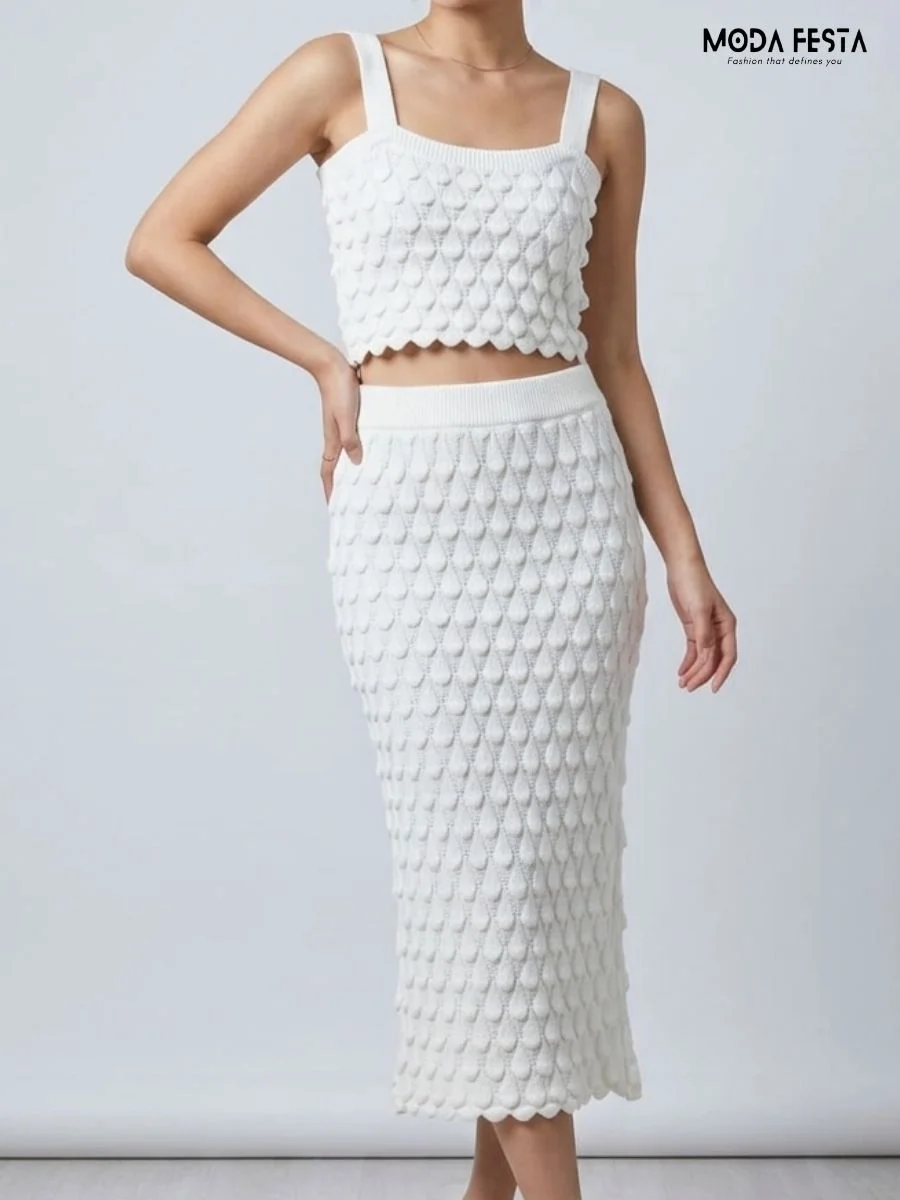 Chic Textured Knit Crop Top and Midi Skirt Co-ord Set