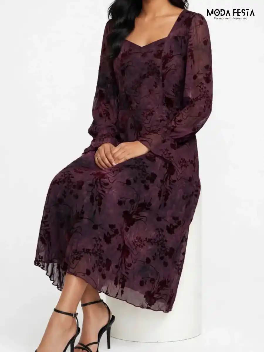 ModaFesta -elegant-floral-print-velvet-chiffon-midi-dress