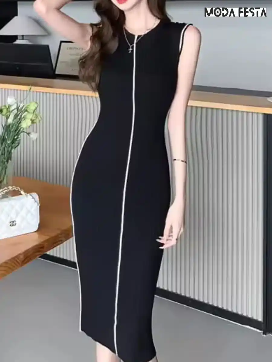ModaFesta -knit-bodycon-white-strip-dress-black