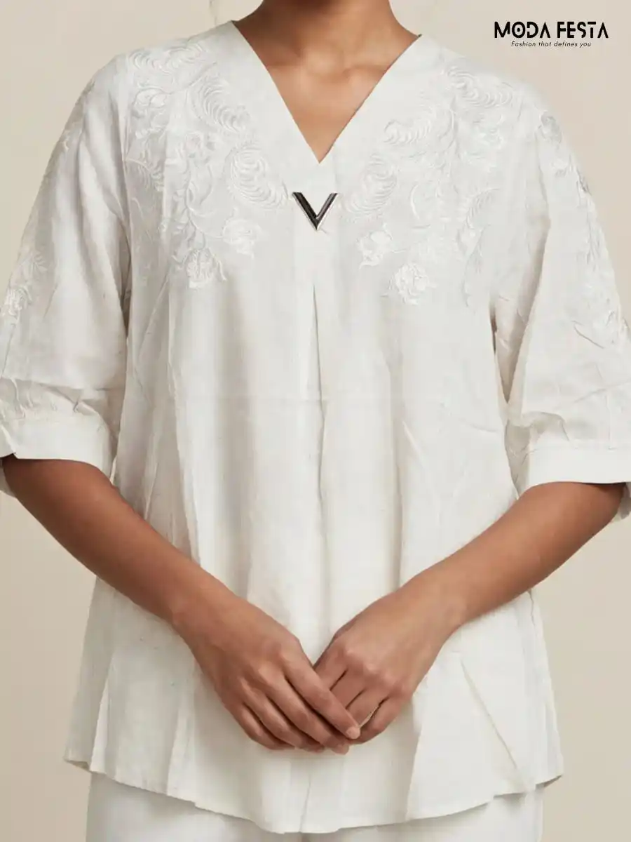 ModaFesta -white-embroidered-v-neck-top